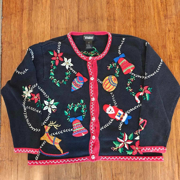 Designers Originals Studio Women M Black Christmas Cardigan Ugly Sweater bells - Picture 1 of 12
